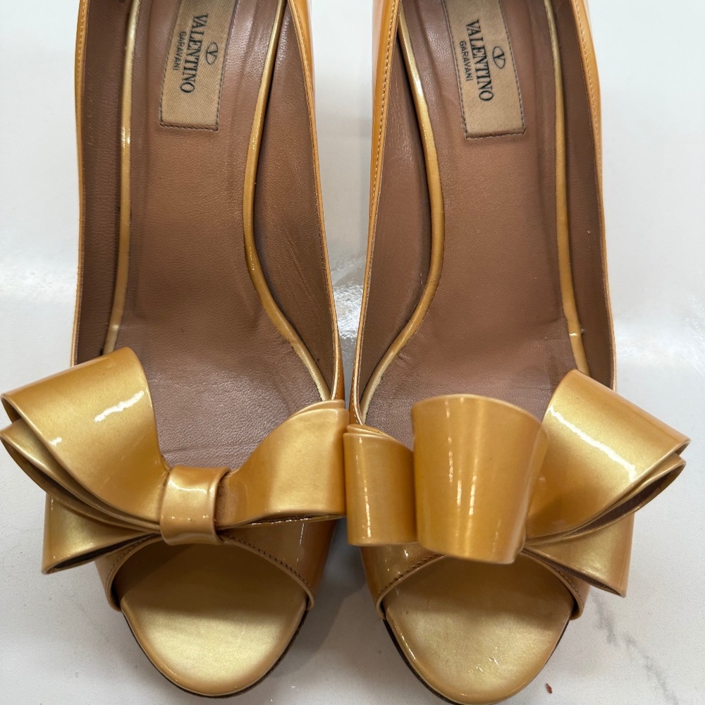 Valentino Gold Peep-Toe Heels with Bow